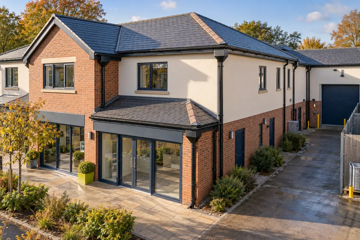 Illustration showing the rooflines, gutters and downpipes of a low-rise commercial property