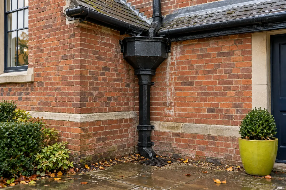 Illustration of a commercial hopper head, downpipe and ground-level gully on a brick building