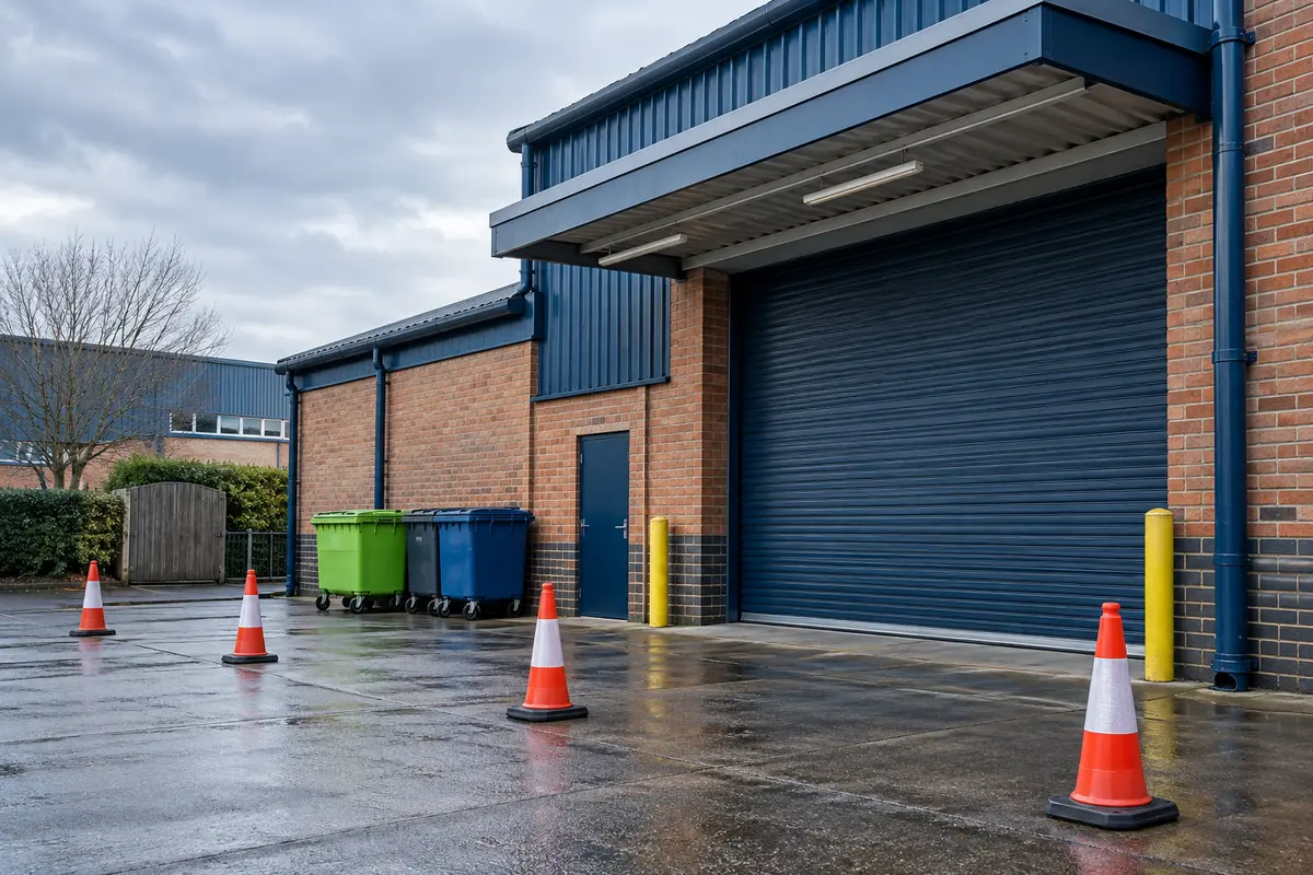 Illustration of a commercial service yard with clear access beneath a gutter and loading canopy