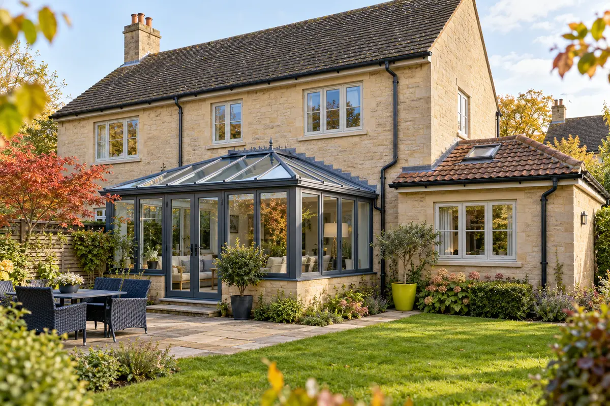 Illustration of a Bath-stone home with conservatory, extension and several gutter levels