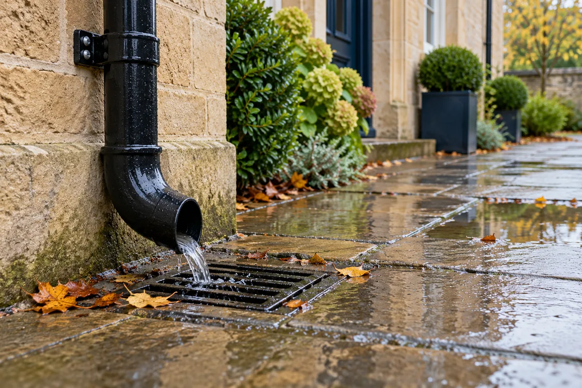Illustration of a downpipe shoe discharging into a grated surface gully after rain