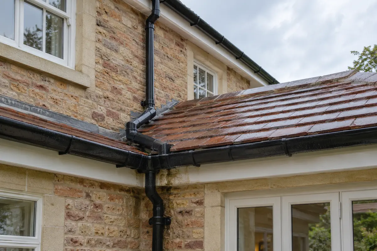 Illustration of a main house downpipe meeting the lower gutter around a tiled extension