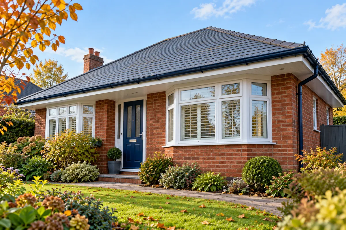 Illustration of a brick bungalow with white fascias and soffits beneath a dark roofline