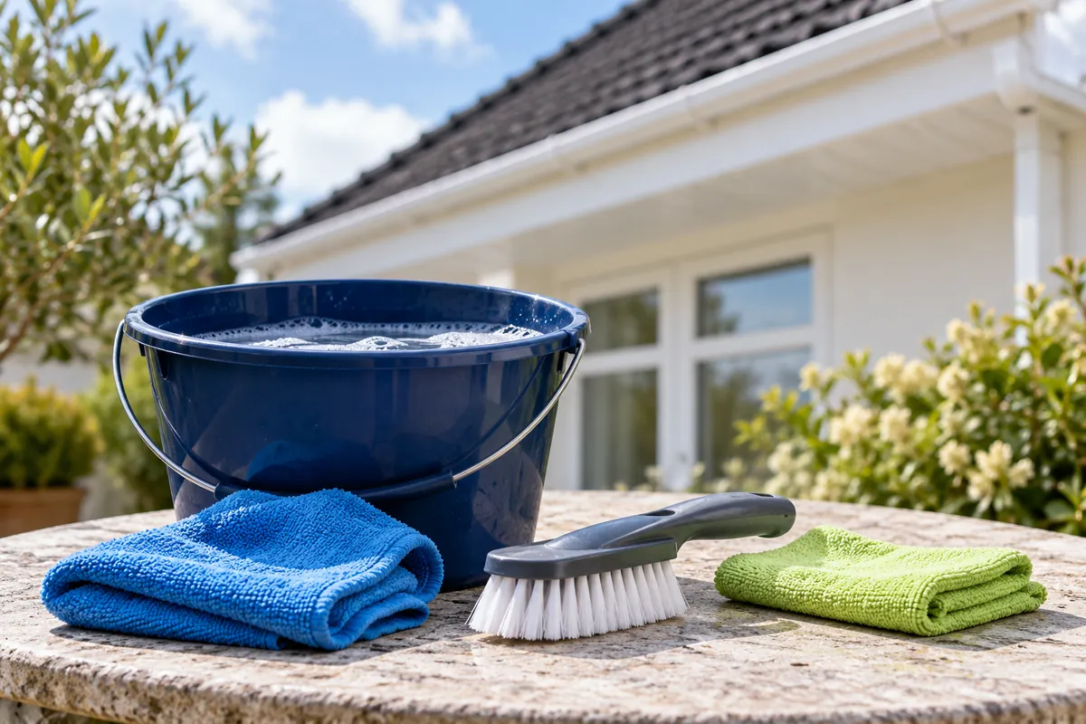 Illustration of a bucket of soapy water, soft brush and microfibre cloths