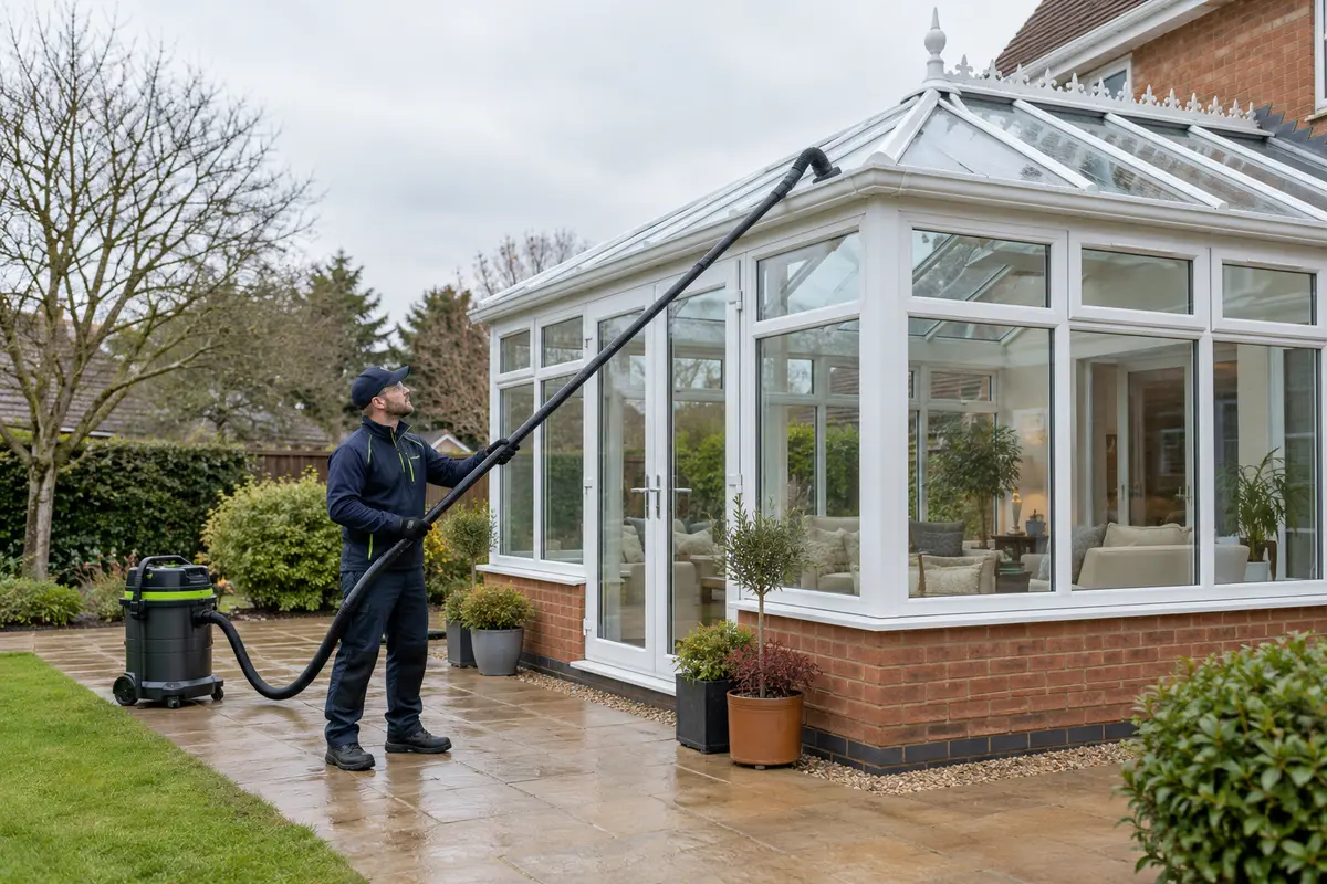 Illustration of an operative using ground-based gutter-vacuum equipment beside a conservatory