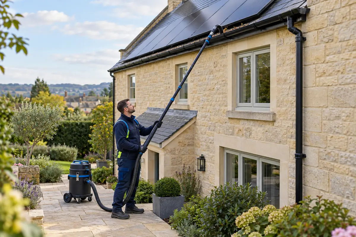 Illustration of an operative using ground-based gutter-vacuum equipment below a solar-panel roof