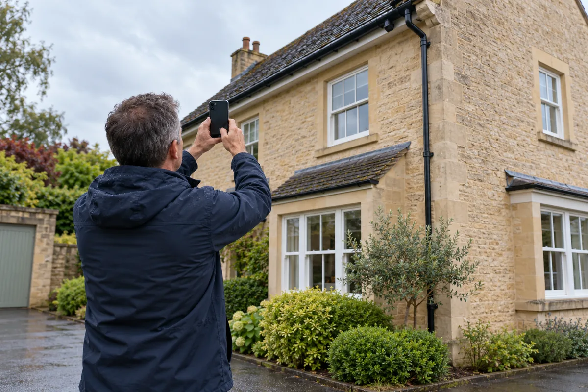 Illustration of a homeowner photographing a gutter safely from ground level