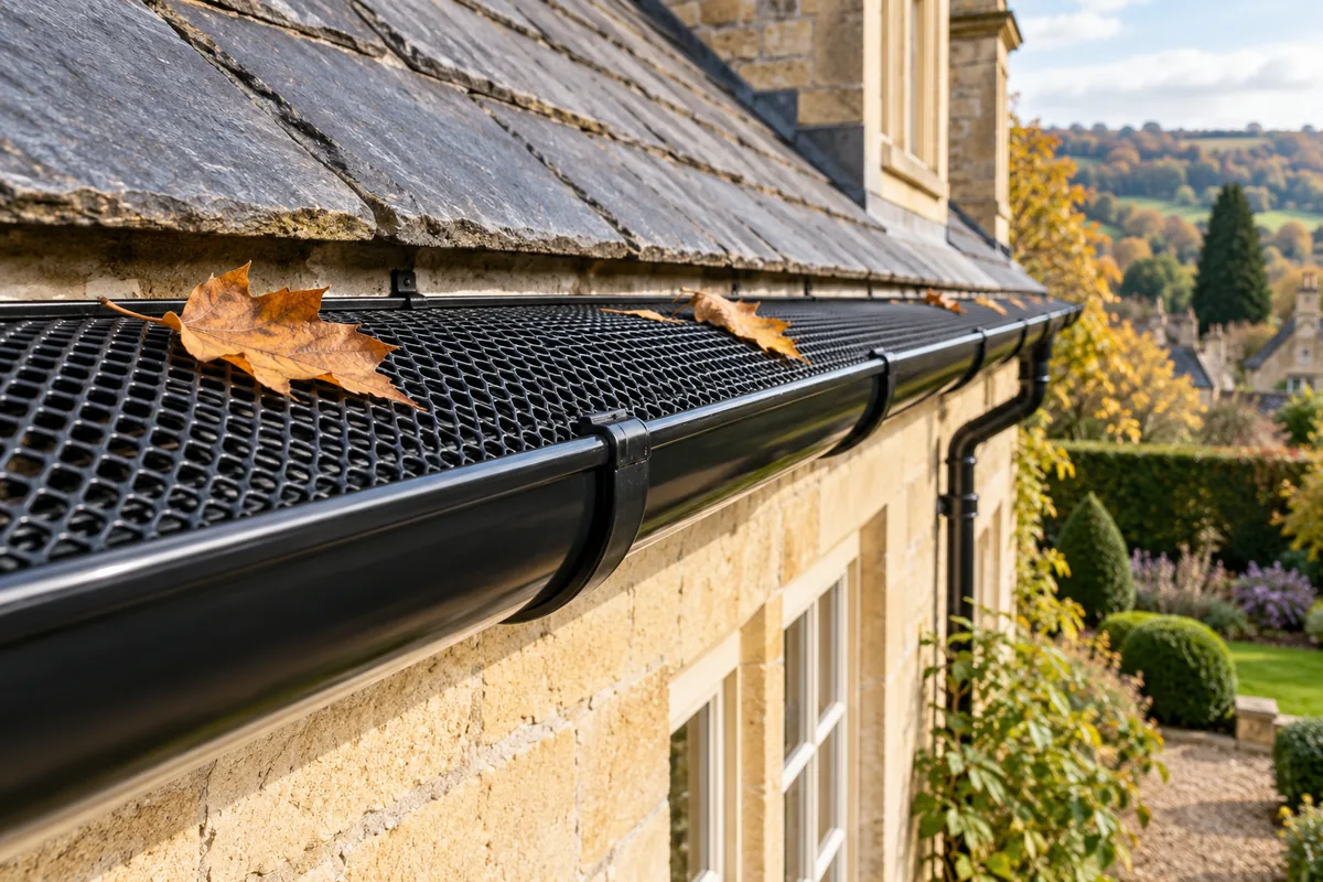 Illustration of a black mesh leaf guard fitted across a clean gutter on a Bath-stone house