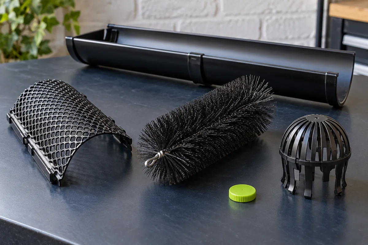 Illustration comparing a mesh gutter guard, gutter brush and downpipe outlet balloon