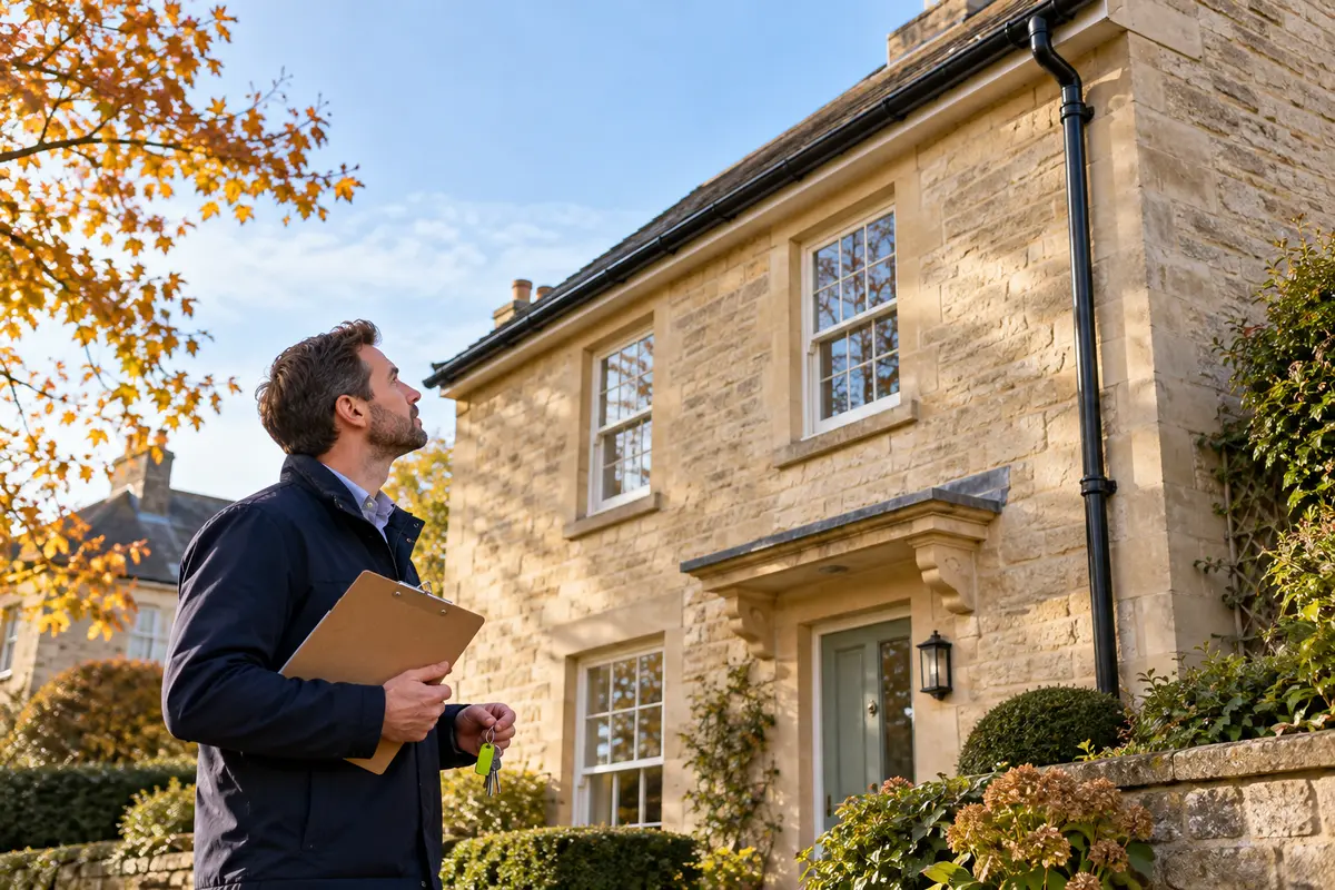 Illustration of a landlord carrying out a ground-level gutter inspection at a Bath-stone rental property