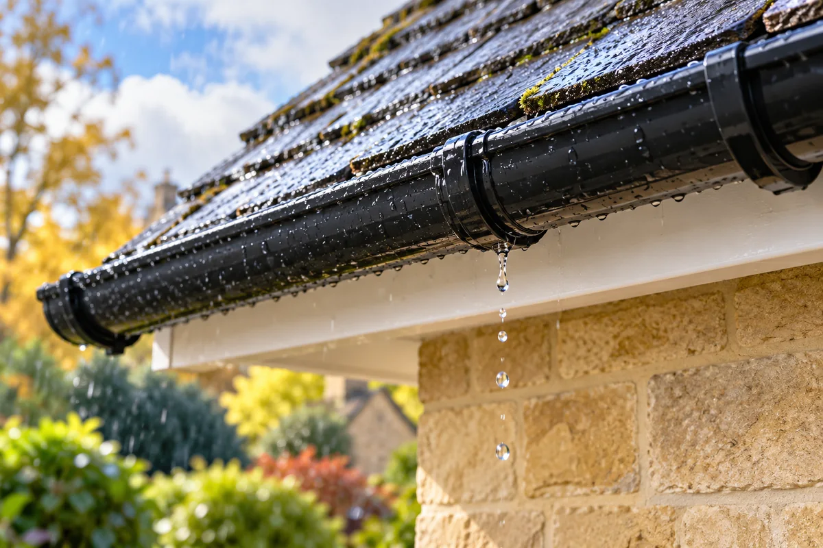 Illustration of rainwater dripping beneath a gutter joint on a stone house