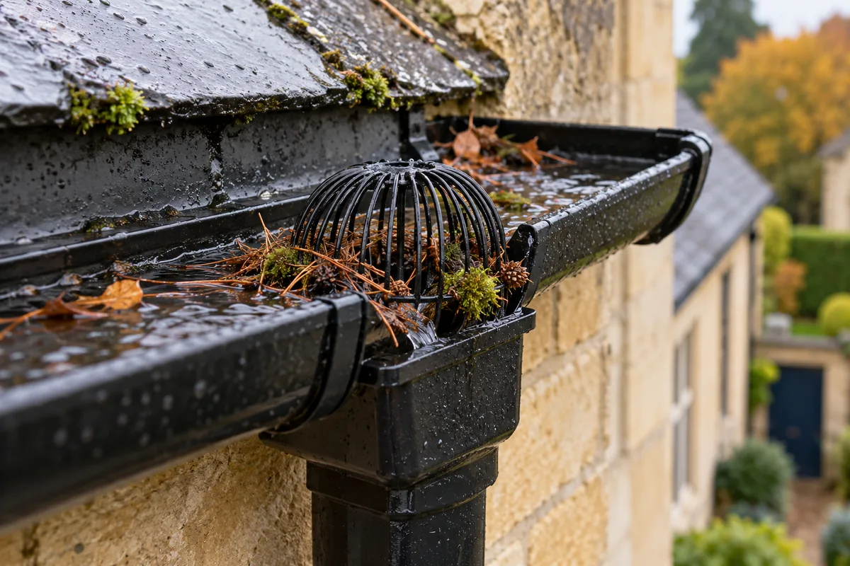 Illustration of pine needles and moss gathering around a downpipe outlet balloon