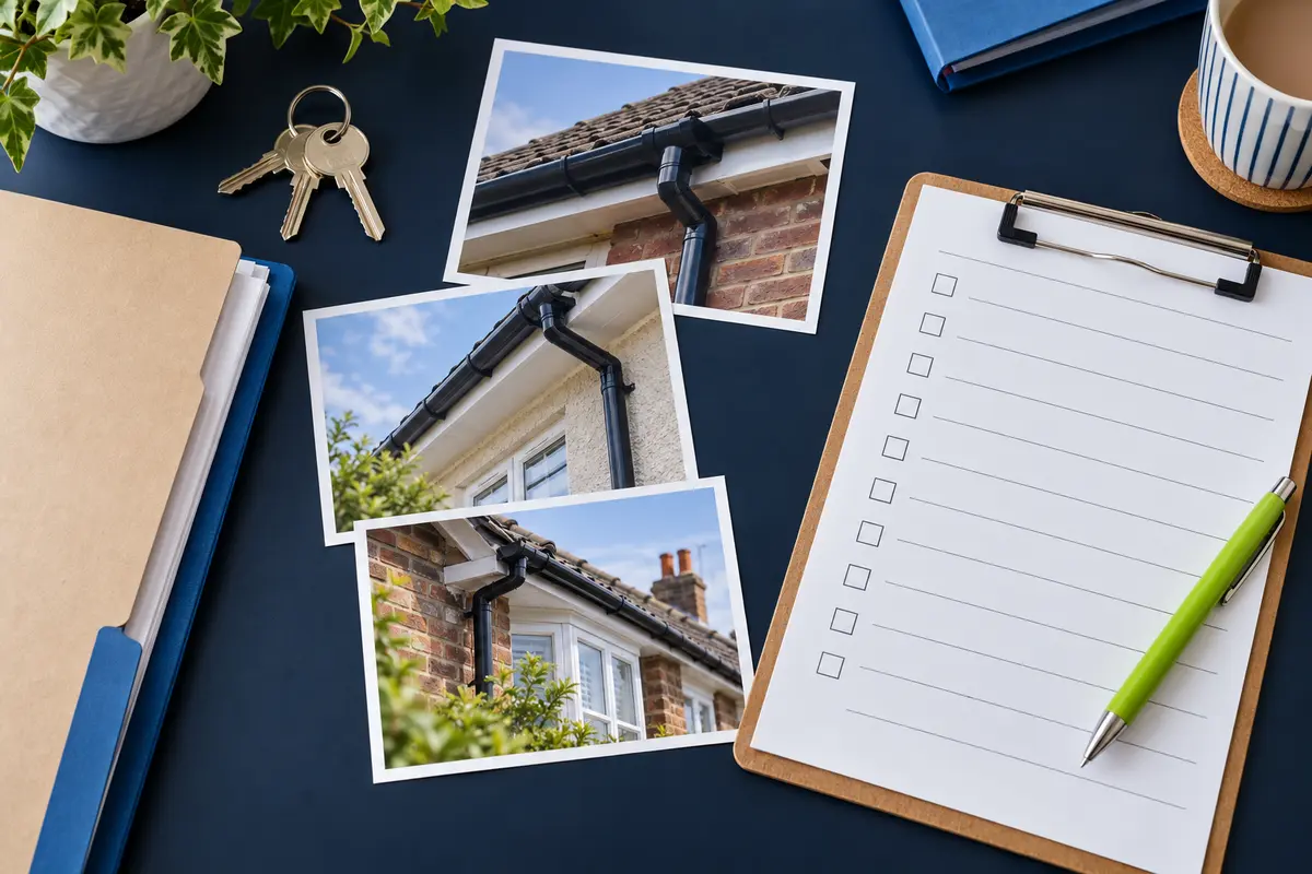 Illustration of a property maintenance folder, keys, checklist and roofline photographs