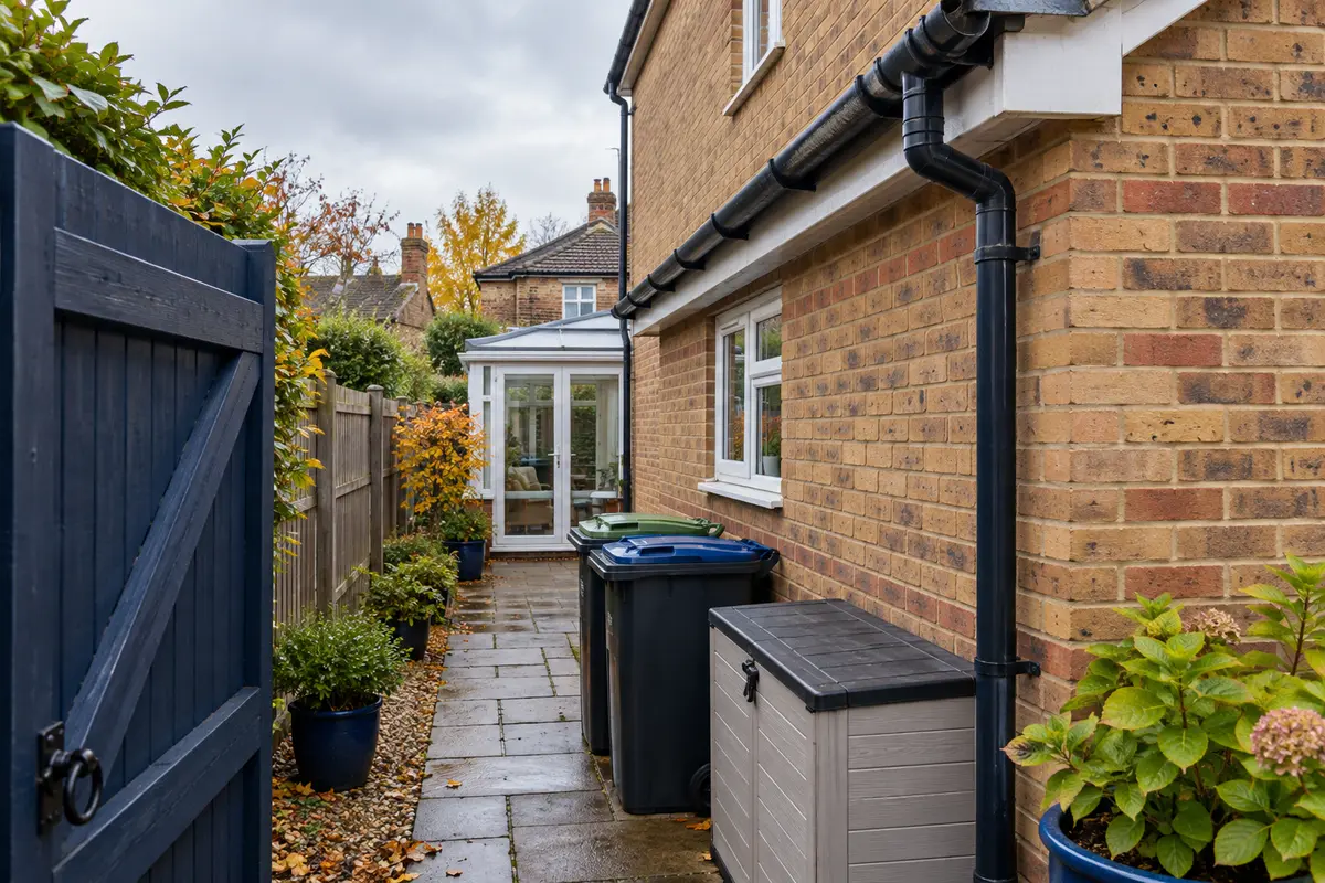 Illustration of side and rear access at a rental property with visible gutters and downpipes