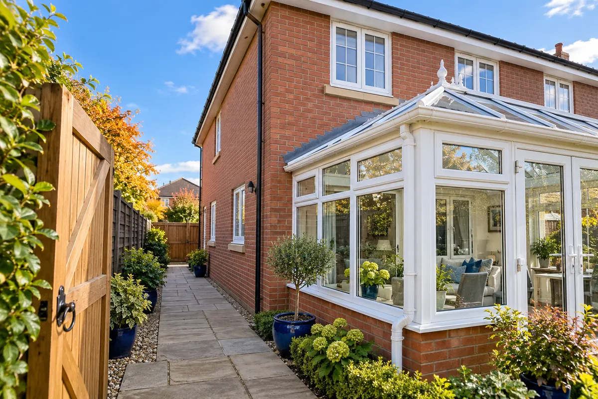 Illustration of a side path and conservatory beneath a two-storey house roofline