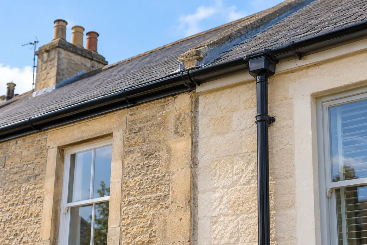 Illustration of a gutter union and downpipe beside the boundary between adjoining stone terraced houses