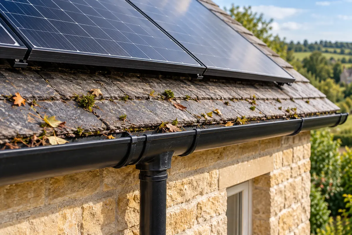 Illustration of a solar-panel lower edge, roof debris, gutter outlet and downpipe connection