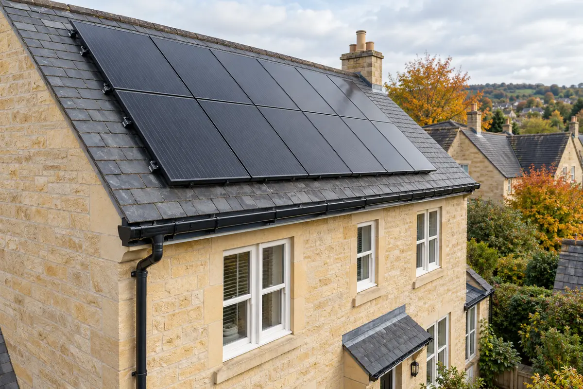 Illustration of solar panels, eaves guttering and a downpipe on a Bath-stone home