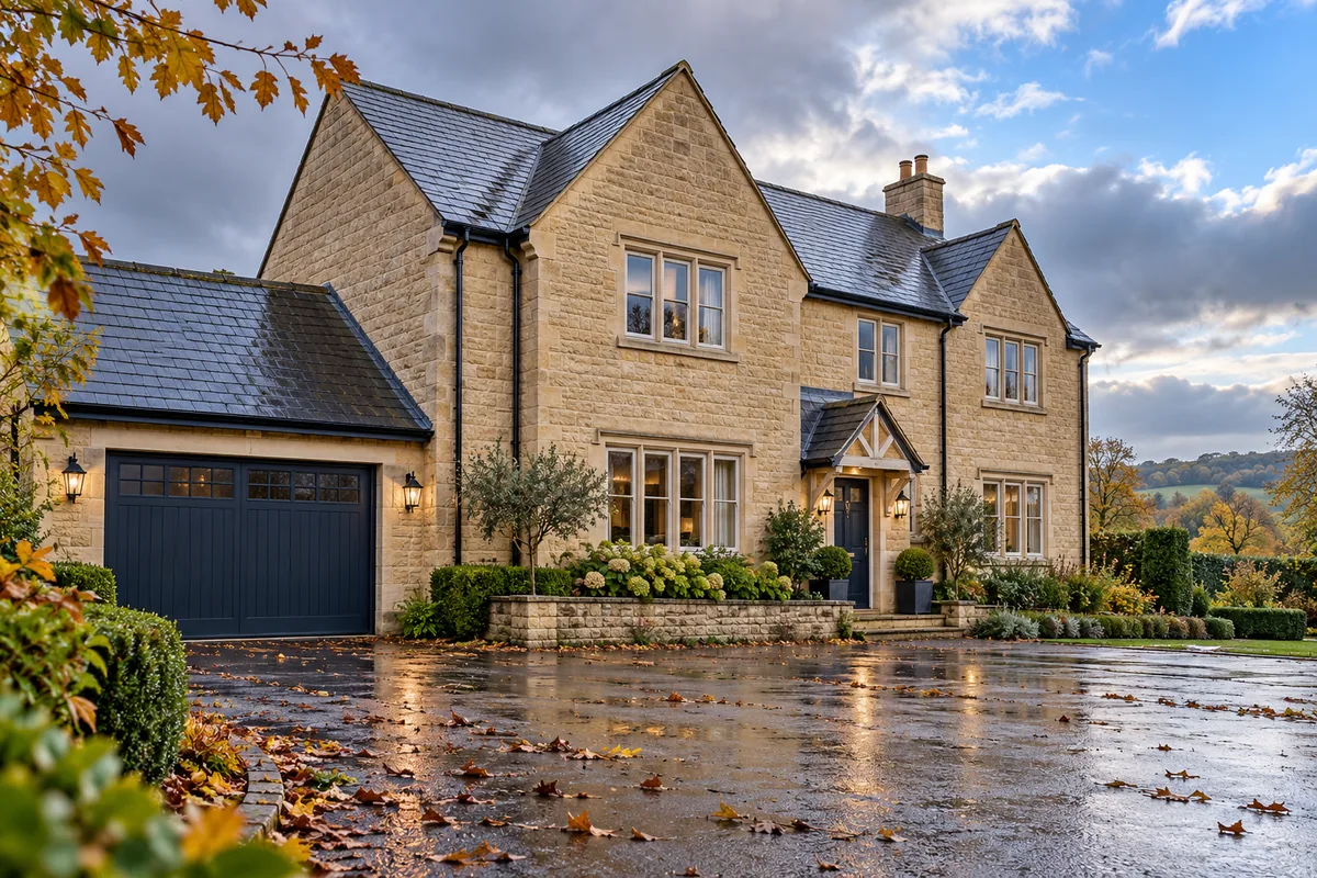 Illustration of a Bath-stone house and wet roofline after an autumn storm
