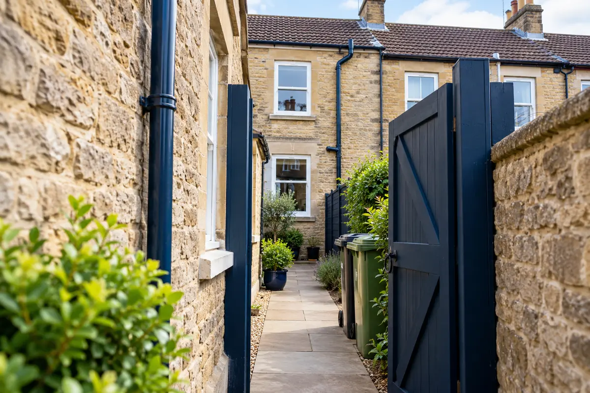 Illustration of a clear side passage and open gate leading to the rear gutter of a terraced house