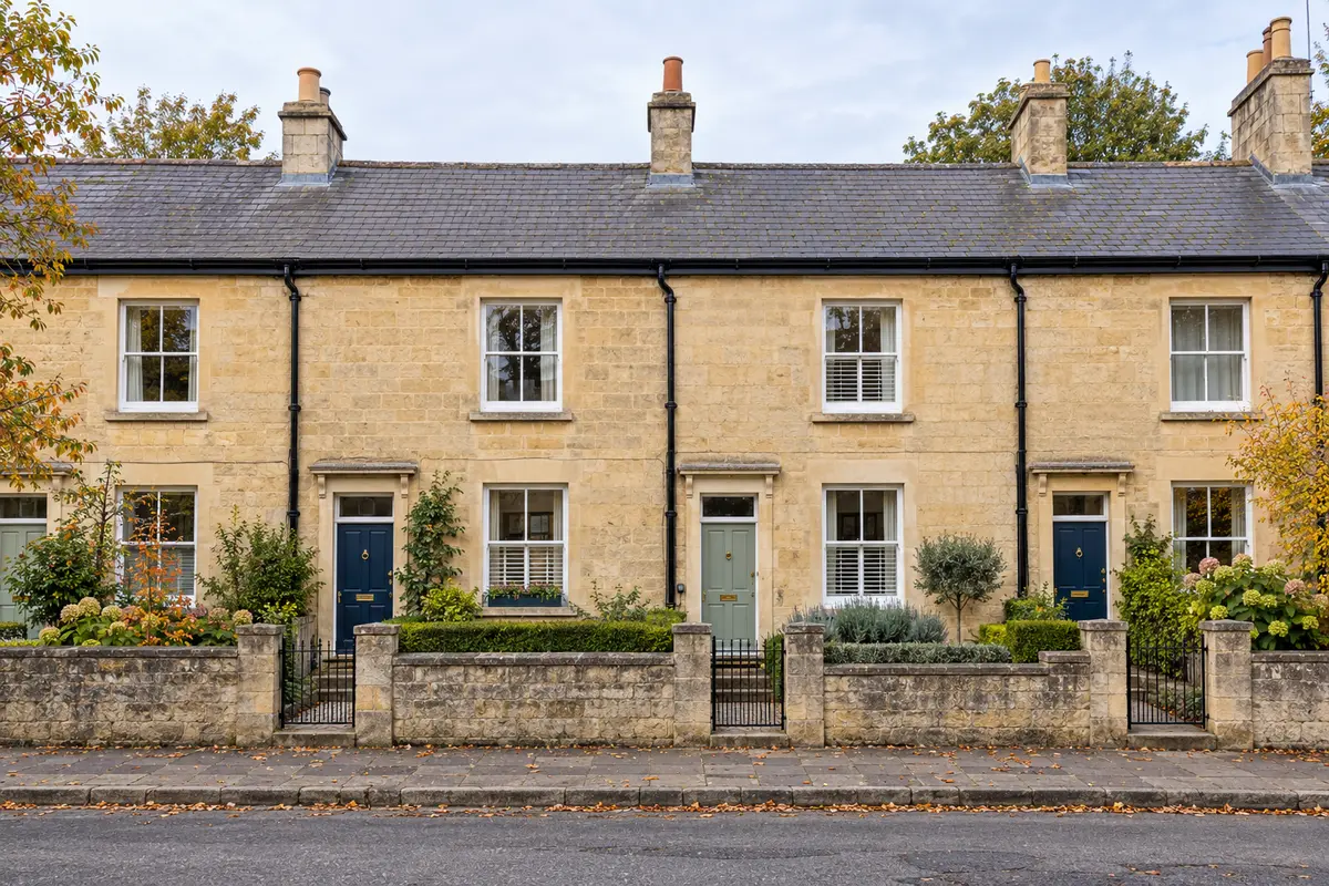 Illustration of a row of Bath-stone terraced houses with a continuous gutter and several downpipes