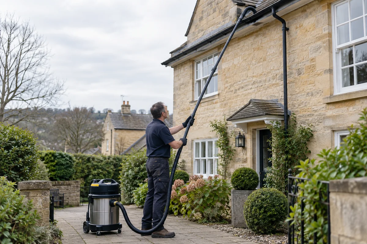 Gutter clearing using a vacuum pole